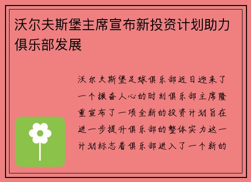 沃尔夫斯堡主席宣布新投资计划助力俱乐部发展