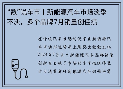 “数”说车市丨新能源汽车市场淡季不淡，多个品牌7月销量创佳绩