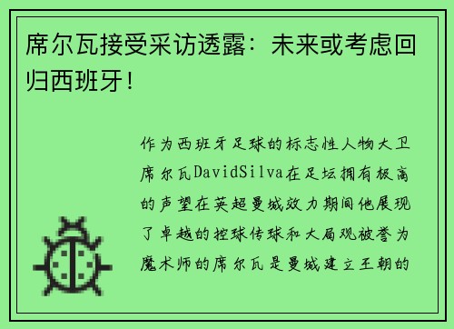 席尔瓦接受采访透露：未来或考虑回归西班牙！