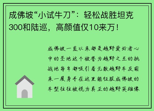 成佛坡“小试牛刀”：轻松战胜坦克300和陆巡，高颜值仅10来万！