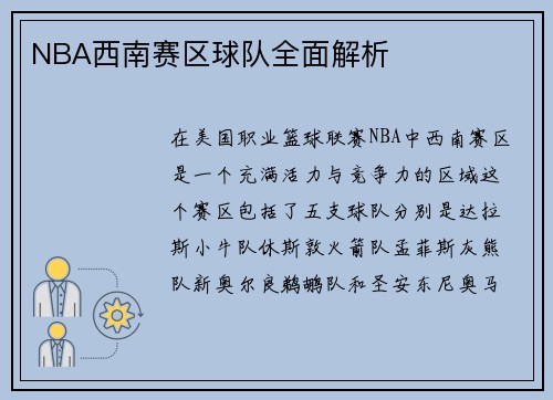 NBA西南赛区球队全面解析