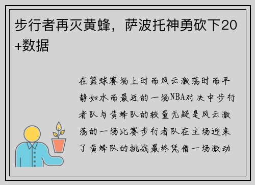 步行者再灭黄蜂，萨波托神勇砍下20+数据