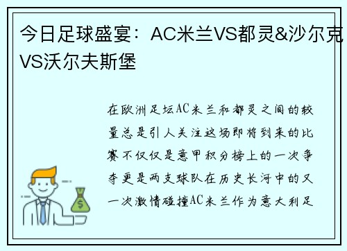 今日足球盛宴：AC米兰VS都灵&沙尔克VS沃尔夫斯堡