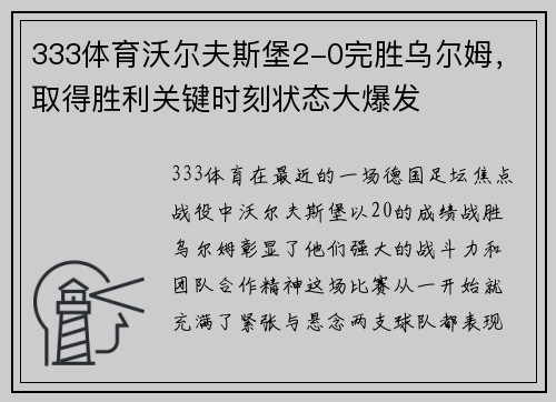 333体育沃尔夫斯堡2-0完胜乌尔姆，取得胜利关键时刻状态大爆发