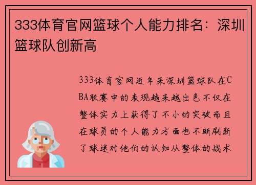 333体育官网篮球个人能力排名：深圳篮球队创新高
