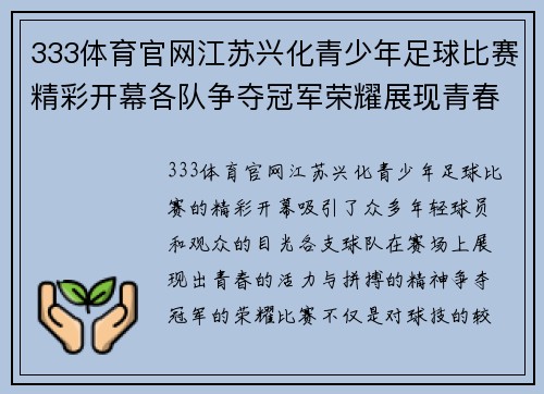 333体育官网江苏兴化青少年足球比赛精彩开幕各队争夺冠军荣耀展现青春风采